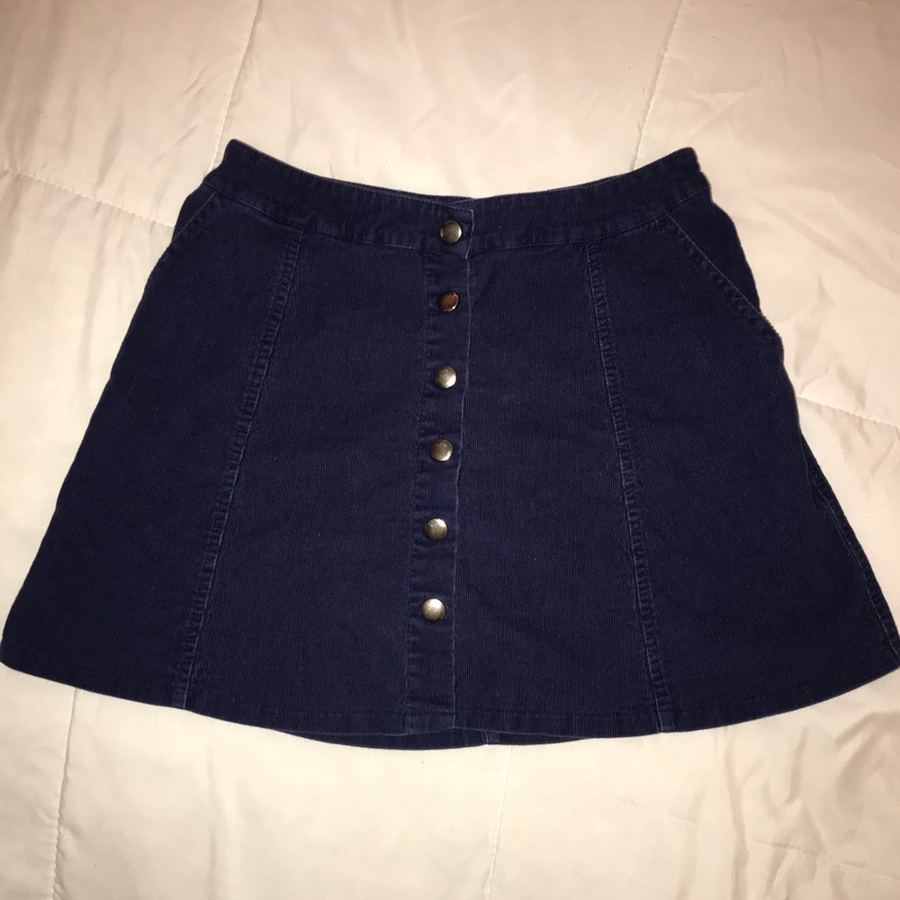 Dark Navy Blue Corduroy Skirt with Buttons